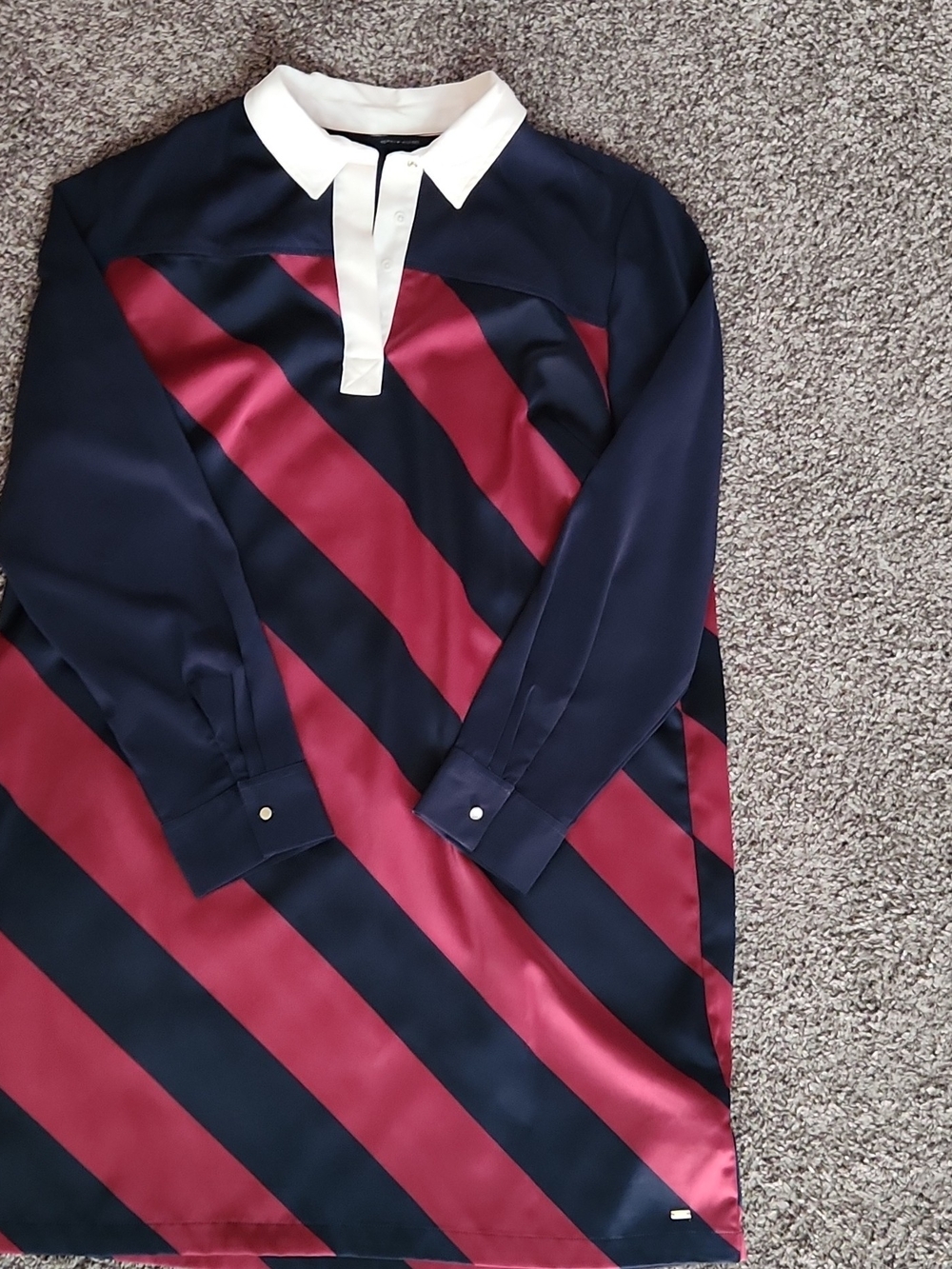 Womens Navy and Burgundy Striped Polo-Style Shirt Dress